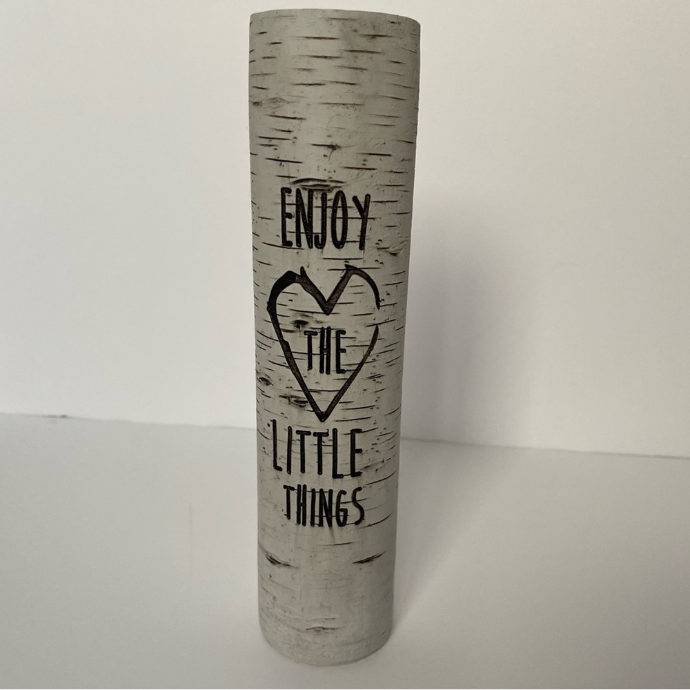 Birch Tree Vase “Enjoy the Little Things” Nature white black heart 7.75” EUC